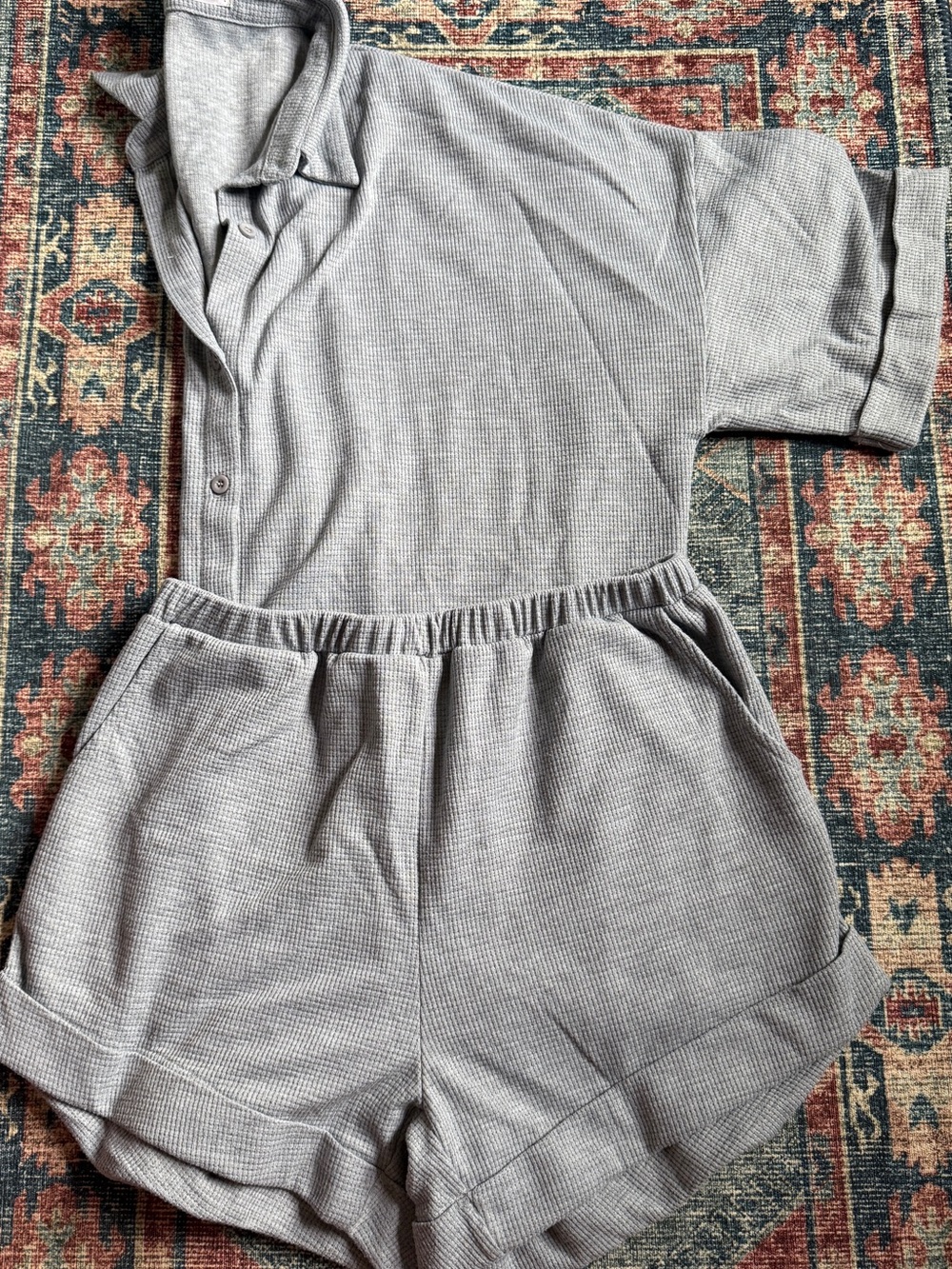 Women's Gray Waffle Short Pajama Set - Soft Lounge Top & Elastic-Waist Shorts
